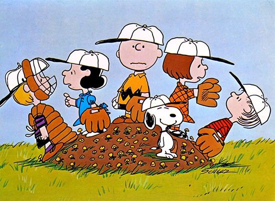 Peanuts characters on a baseball pitcher's mound