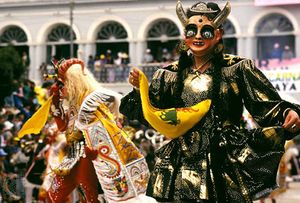 Pre-Lenten Carnival celebration in Oruro, Bol., with dancers performing a diablada.