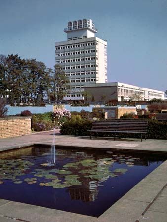 Water garden and town hall in Harlow, Essex.
