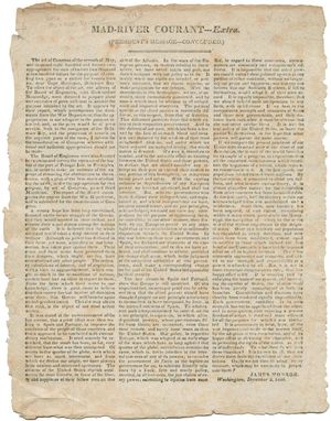 newspaper with the portion of Pres. James Monroe's address to Congress on December 2, 1823, in which he presented what was to become known as the Monroe Doctrine