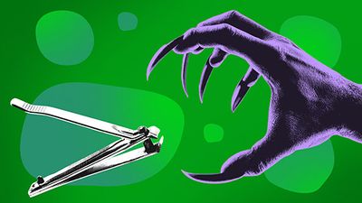 Scary claws face off with silver nail clippers on a green background.