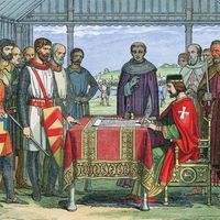 King John (1167-1216) signs the Great Charter (Magna Carta) the charter of English liberties, Runnymede, Surrey, 1215 (1864). The Angevin kings of England, Henry II, Richard I and John arbitrarily abused feudal rights. The nobility forced King John to sign the Magna Carta, guaranteeing their restoration.