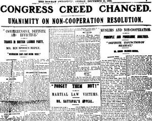 Headline about the noncooperation movement in The Bombay Chronicle