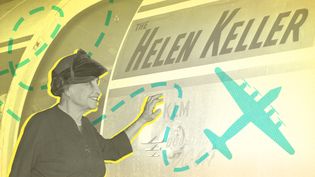 Deafblind activist Helen Keller touches a plane labeled "The Helen Keller" with a graphic overlay of a plane and dashed travel path.