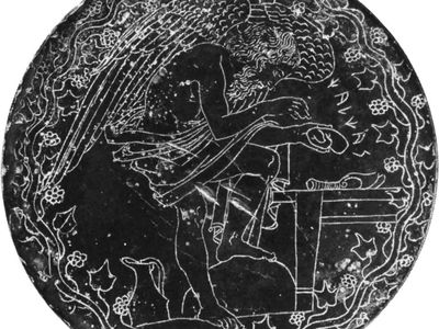 Bronze mirror with engraving of the soothsayer Calchas as a winged demon studying the liver of a sacrificed animal, late 5th century bc, from Vulci; in the Gregorian Etruscan Museum, Vatican Museums, Vatican City.