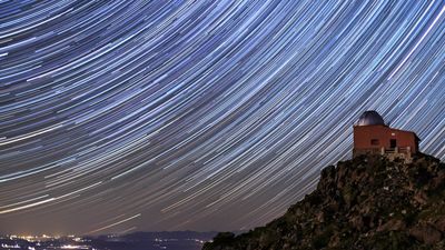 Astronomical Observatory of the Mojon del Trigo. Long exposure using the star trail technique. Sierra Nevada National Park, in the province of Granada, Andalusia.