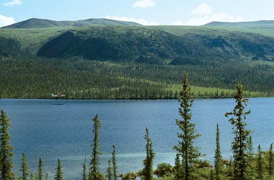 Seaplane landing on Blackfish Lake, southern Arctic National Wildlife Refuge, northeastern Alaska, U.S.
