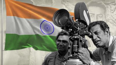 A photo montage of a colorful Indian flag waving on on a white paper background, and a black & white photo of two Indian filmmakers peering through a large film movie camera.   