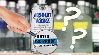 A hand holds a magnifying glass over an Absolut Vodka label, highlighting “80 PROOF” with question marks in the background.