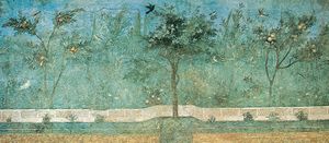 Frescoed wall of fruit trees, palms, and oleanders from the garden room of the Villa of Livia, Rome, c. 50 bce; in the National Roman Museum, Rome.