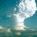 Thermonuclear hydrogen bomb, code-named MIKE, detonated in the Marshall Islands in the fall of 1952. Photo taken at a height of 12,000 feet, 50 miles from the detonation site. (Photo 3 of a series of 8) Atomic bomb explosion nuclear energy hydrogen energy