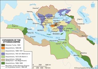 This map shows the territorial expansion of the Ottoman Empire from 1300 to its greatest extent in 1683-99, highlighting different periods under rulers such as Mehmed II, Selim I, and Süleyman the Magnificent, and marking key cities, seas, and geographical boundaries in Europe, North Africa, and the Middle East.